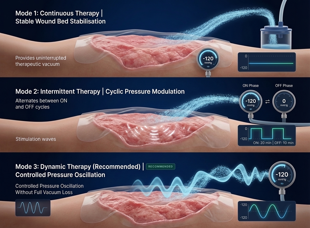 HealVac Pro Three Therapy Modes Waveform Diagram — Continuous, Intermittent and Dynamic negative pressure delivery patterns